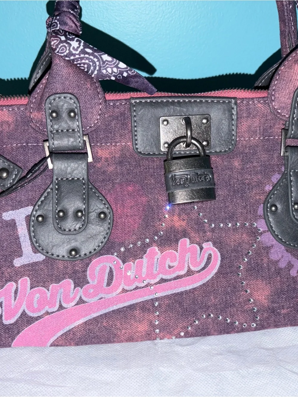Von Dutch Bree Purple Pink Handbag with Lock, Twilly, and Pins NWT